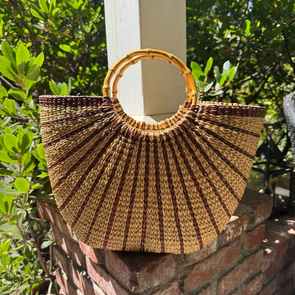 United Colors of Benetton Woven Straw Fan Tote Bag Bamboo Handles Beige Brown - Picture 2 of 8